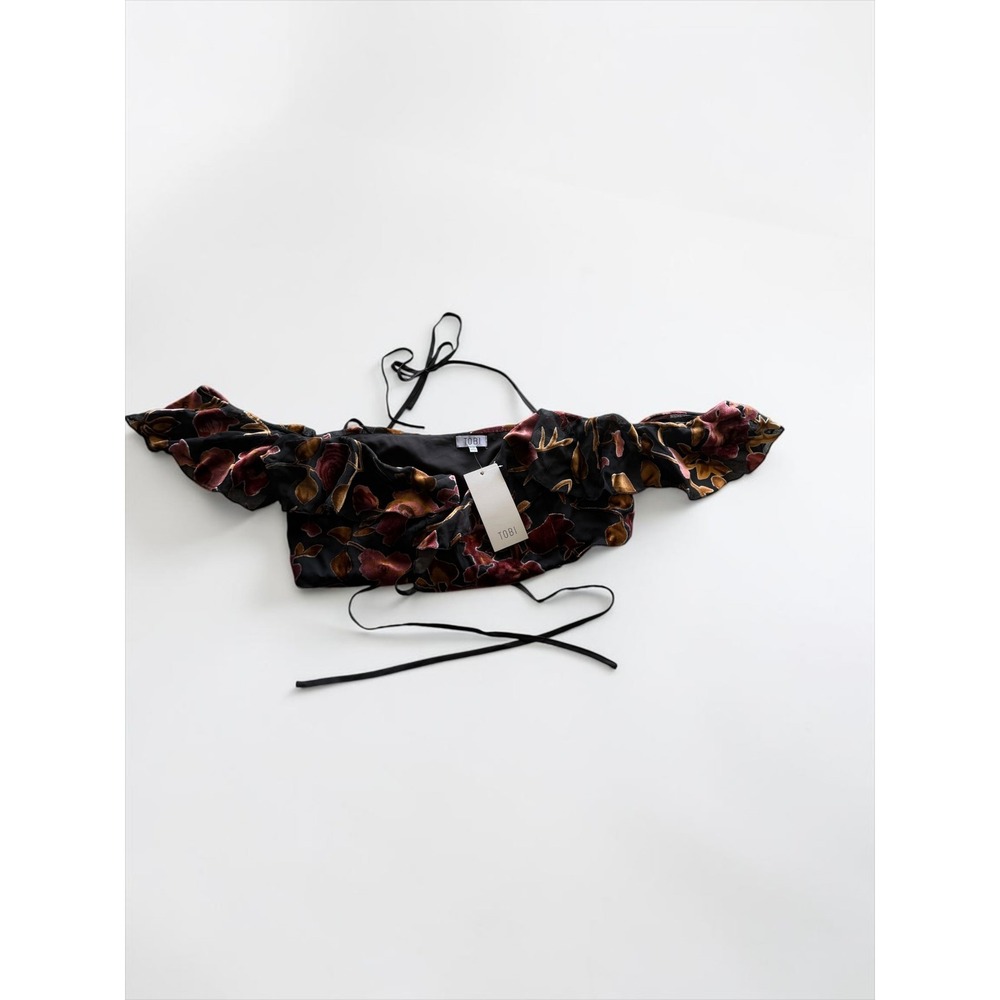 Tobi Floral Velvet Burnout Crop Top Halter Neck Ruffle Off Shoulder Black Medium